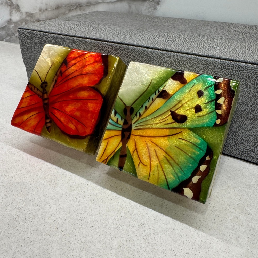 Vintage Capiz Shell Butterfly Trinket Boxes Set of 2 Handmade Philippines Square
